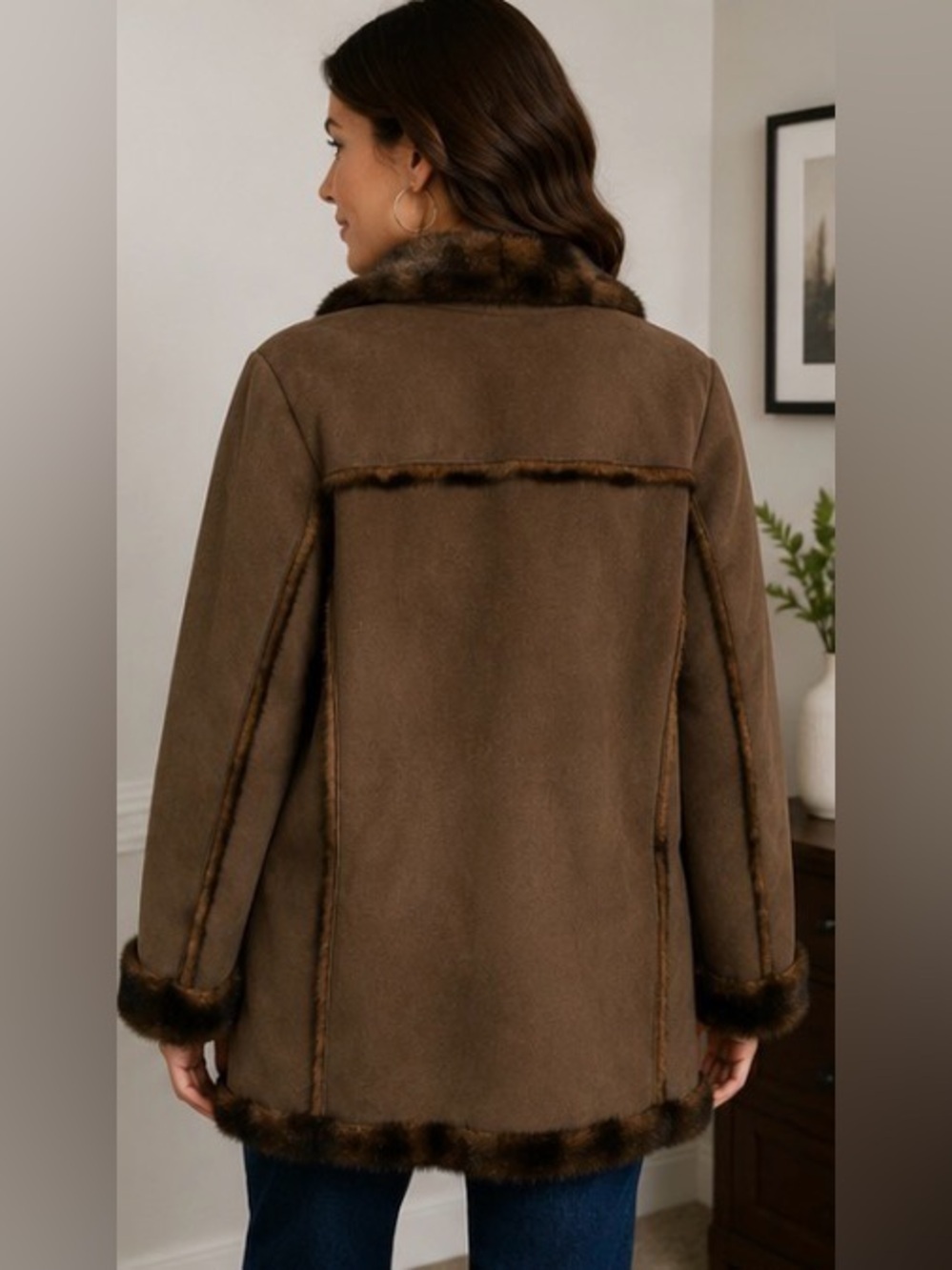 Jones New York Faux Shearling Coat Jacket Brown Fur Trim Women’s Medium - Picture 6 of 9